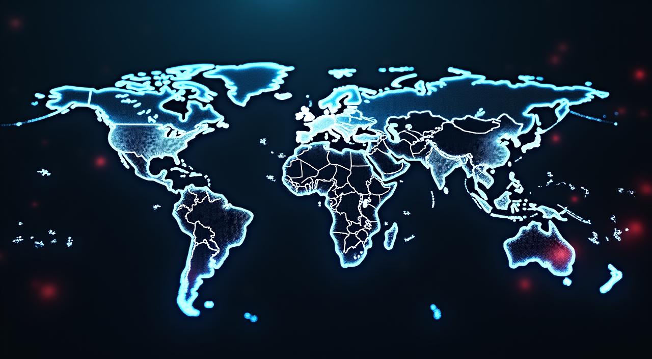 A dark, stylized world map with glowing data points and network lines